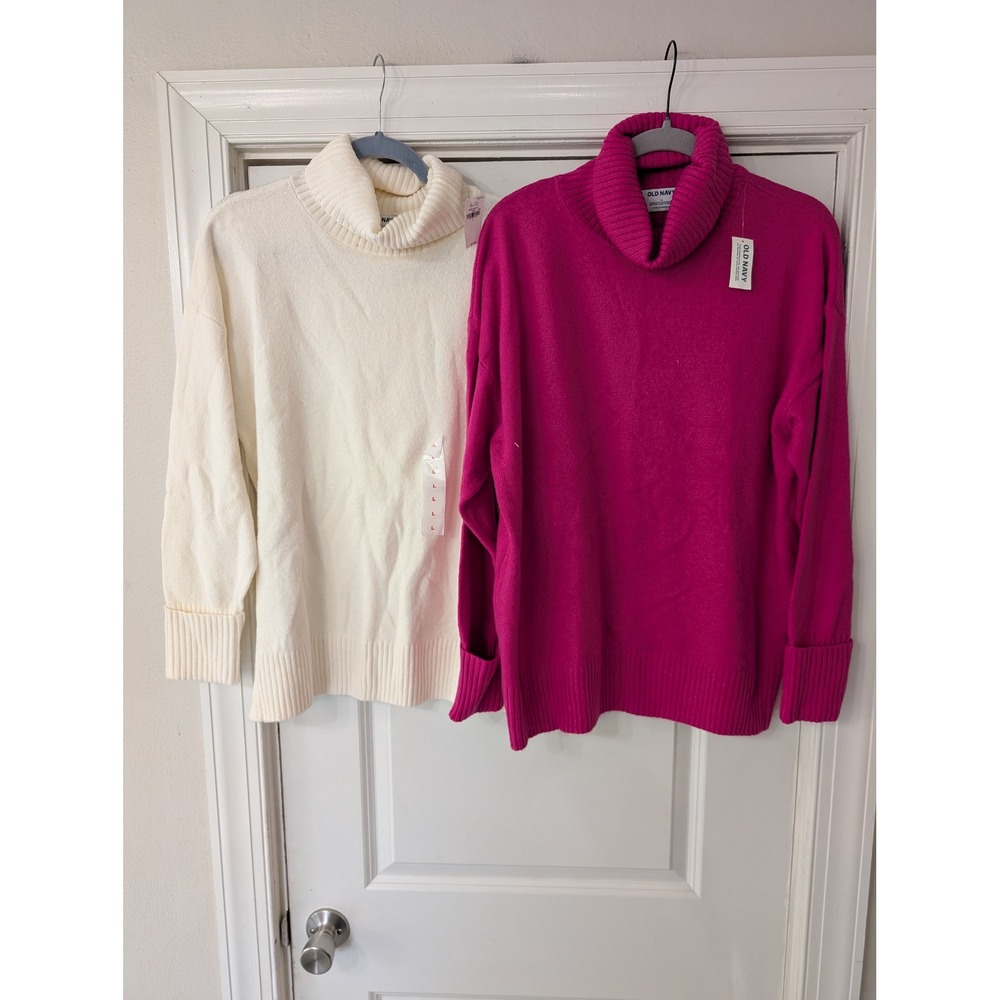 Old Navy Womens Nara Turtleneck Tunic Sweater Lot of 2 Pink White Large NEW